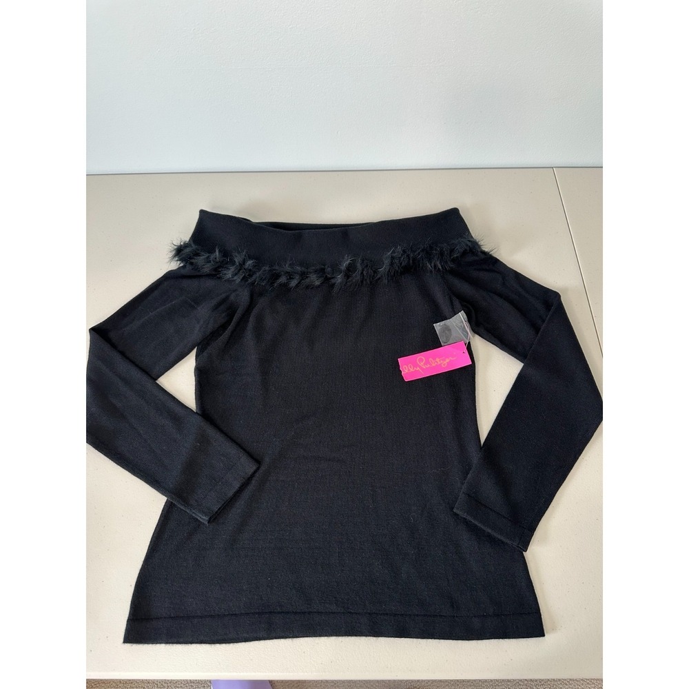 Lilly Pulitzer Alira Off The Shoulder Sweater Size‎ M Fur Trim Black